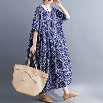 Винтажное женское хлопково-льняное платье с принтом в полоску и круглым вырезом с короткими рукавами и карманами, свободное платье Fifteen_One size