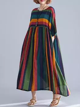 Винтажное женское хлопково-льняное платье в полоску с принтом и круглым вырезом, с половиной рукавом, Pocekt, большие размеры, свободное повседневное One Size разноцветный