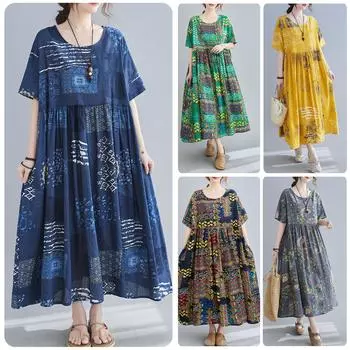 Винтажное женское хлопково-льняное платье с принтом и круглым вырезом с коротким рукавом и карманом, свободный повседневный сарафан, платье макси One Size