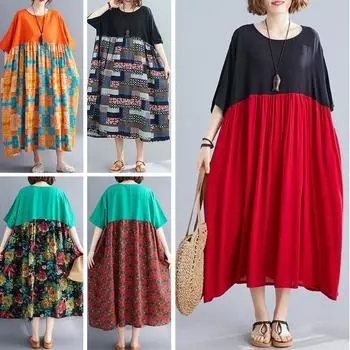 Винтажное женское хлопково-льняное платье с круглым вырезом и короткими рукавами, свободное платье с карманами One Size чёрный