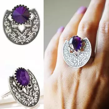 Винтажное женское кольцо с аметистом и цирконом для снятия стресса, женское кольцо серебряный