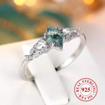 Винтажное женское кольцо с зеленым агатом из мха, настоящее 925 пробы, свадебные украшения из серебра 6