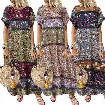 Винтажное женское лоскутное хлопковое платье с круглым вырезом и коротким рукавом, летнее платье с цветочным принтом XXXXXL