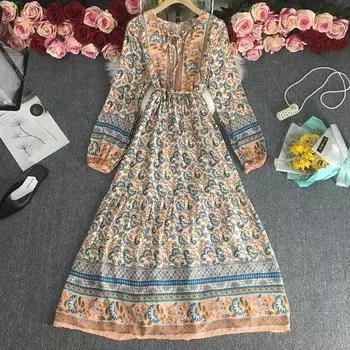 Винтажное женское платье макси на шнуровке с цветочным принтом, осенние элегантные праздничные платья в стиле бохо с длинными рукавами One Size