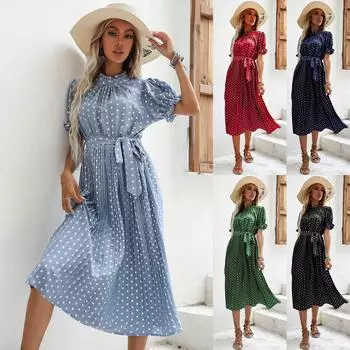 Винтажное женское платье макси в горошек с принтом в горошек, летнее плиссированное вечернее платье трапециевидной формы с короткими рукавами, женское свободное пляжное длинное платье в стиле бохо, халат S чёрный