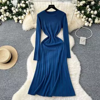 Винтажное женское платье, однотонное, с круглым вырезом, с длинным рукавом, трикотажное платье, женское, с высокой талией, облегающее, А-силуэт, макси, эластичное платье one size fits all темно-синий