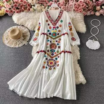 Винтажное женское платье с цветочной вышивкой, пляжное платье, женские платья с коротким рукавом и v-образным вырезом, хлопковые и льняные платья в стиле бохо, летние One Size белый