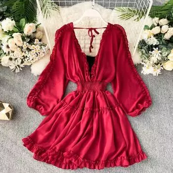 Винтажное женское платье с глубоким V-образным вырезом и рукавами-фонариками, милое мини-платье Average code белый