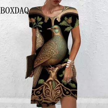 Винтажное женское платье с принтом в виде птиц в 3D, летнее свободное мини-платье с коротким рукавом, повседневный пуловер, женская ретро-одежда, новый сарафан S