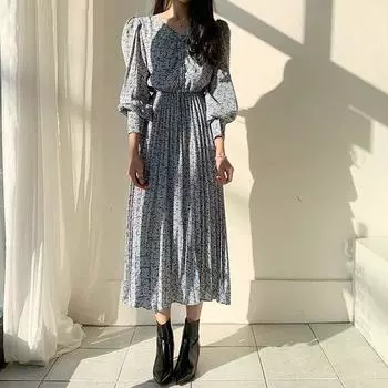 Винтажное женское платье со рюшами и рукавами-фонариками, плиссированное платье с v-образным вырезом и цветочным принтом, женское шифоновое платье трапециевидной формы One Size чёрный