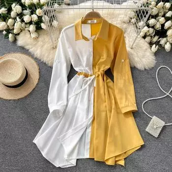 Винтажное женское платье в стиле пэчворк, платья контрастного цвета с длинными рукавами, женские платья трапециевидной формы с высокой талией, 2022 One Size чёрный