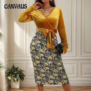 Винтажное женское платье в стиле темперамент с длинным рукавом и V-образным вырезом с завязкой, французские платья с высокой талией S жёлтый