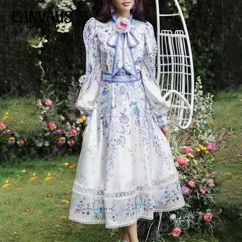 Винтажное женское платье в весенне-осеннем стиле с завязками и цветочным принтом, длинными рукавами и цветочным принтом S