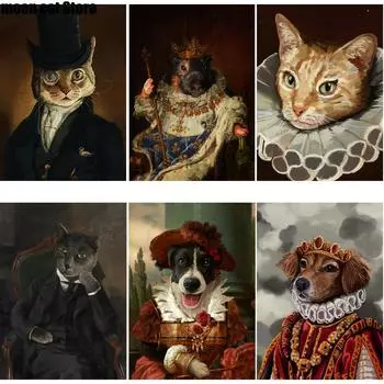 Винтажное животное, человеческое тело, холст, картина, скандинавская кошка, собака, портретный постер, печать, настенное художественное изображение, подходит для домашнего декора комнаты 21x30cm No Frame