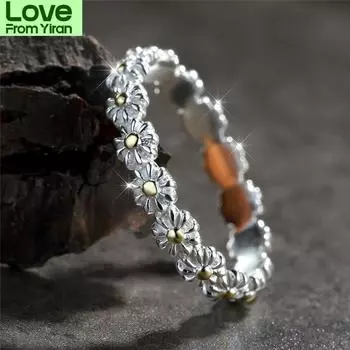 Винтажное золотого цвета, маленькое кольцо с маргариткой, женское изысканное кольцо с цветком, настоящее серебро 925 пробы, обручальные кольца для женщин, свадебные украшения 6 серебряный