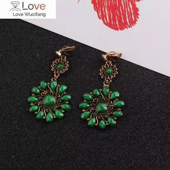 Винтажные 3-цветные серьги-клипсы из смолы со стразами и цветами без пирсинга для женщин, этнические ювелирные изделия из смолы красный