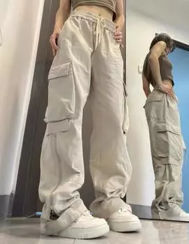 Винтажные 90-е бежевые брюки-карго женские Y2k уличная одежда хиппи оверсайз повседневные широкие брюки на молнии женская корейская мода M бежевый