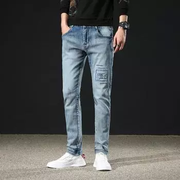 Винтажные эластичные мужские джинсы с земляно-белыми нашивками, весенне-осенние новые обычные маленькие прямые повседневные брюки для мужчин 28 глубокий голубой
