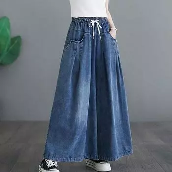 Винтажные эластичные широкие брюки с высокой талией, женские свободные повседневные джинсовые брюки, женские уличные брюки, прямые брюки S синий