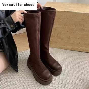 Винтажные эластичные женские сапоги до колена, модные длинные сапоги-ботильоны на платформе и каблуках, обувь Largas De Mujer 35