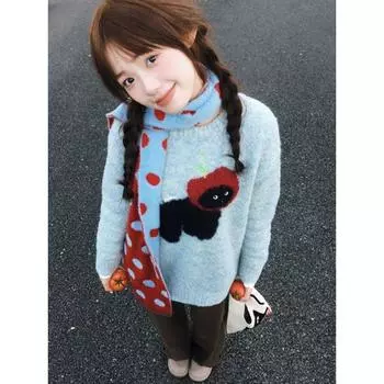 Винтажные элегантные кавайные мультяшные жаккардовые свитера с милым стилем Харадзюку, свободные джемперы в стиле гранж, эстетика 2000 года, женские синие вязаные пуловеры S синий