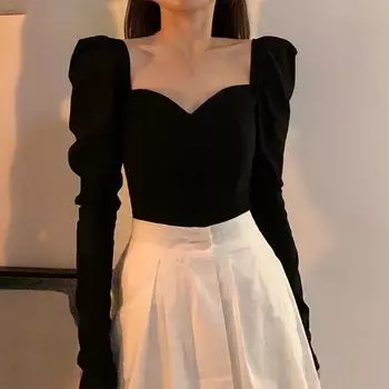 Винтажные элегантные рубашки женские с пышными рукавами и квадратным воротником блузки офисные женские корейские осенние черные шикарные тонкие повседневные универсальные топы S чёрный