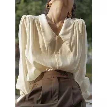 Винтажные элегантные шифоновые блузки Y2K, женские рубашки в стиле «старые деньги» с пышными рукавами, шикарная офисная одежда с v-образным вырезом, повседневные сексуальные сетчатые топы S абрикосовый