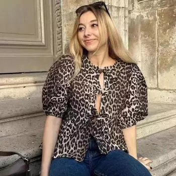 Винтажные элегантные женские рубашки с пышными рукавами, сексуальная блузка с леопардовым принтом, женские топы, 2024, популярная рубашка на шнуровке для девочек, женская одежда 24035 S чёрный