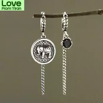 Винтажные асимметричные круглые серьги-кольца в виде слона из тайского серебра с кисточками и цепочкой, украшения для ушей для женщин S-E1168