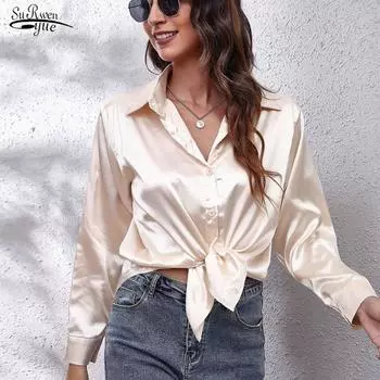 Винтажные атласные повседневные свободные рубашки, весенняя шелковая рубашка большого размера, белые элегантные блузки, женская верхняя одежда 2022 с длинными рукавами 19602 S зелёный