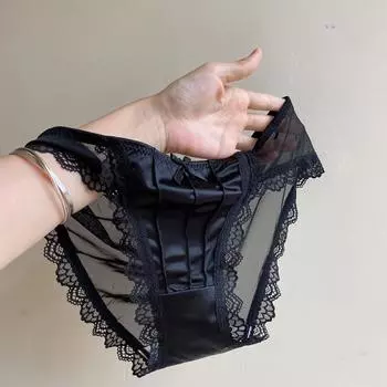 Винтажные атласные трусики французские сексуальные кружевные банты нижнее белье однотонные дышащие женские трусы средней талии тонкие сетчатые трусы нижнее белье для женщин M