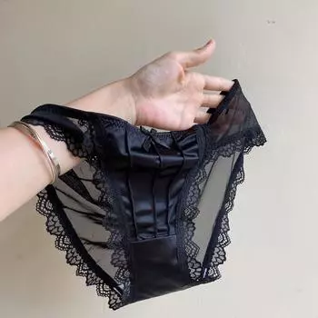 Винтажные атласные трусы женское нижнее белье сексуальные трусики сплошные кружевные трусы средней посадки женские сетчатые тонкие трусики M чёрный