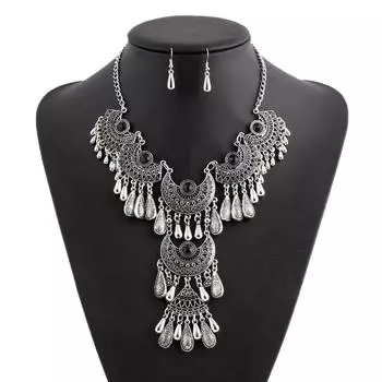 Винтажные этнические преувеличенные массивные ожерелья антикварного серебра, цветное резное ожерелье с кисточками и каплями воды для женщин, ювелирные изделия в стиле бохо чёрный