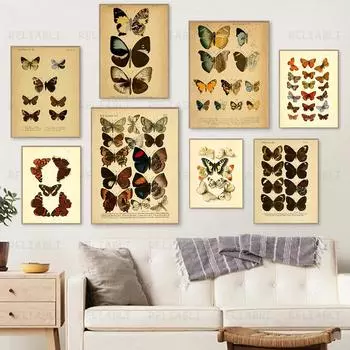 Винтажные бабочки Ретро принты плакатов Ретро насекомые Античная иллюстрация Холст Картина Настенное искусство для декора гостиной Cuadros 21cm30cm No Frame