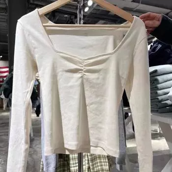Винтажные белые тонкие футболки с длинными рукавами, женские сексуальные короткие футболки с квадратным воротником, женские осенние милые шикарные хлопковые топы 2022 M чёрный