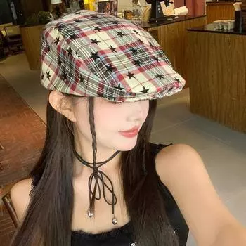 Винтажные береты Y2k Star Plaid для женщин Show Face Small Summer and Autumn Travel Защита от солнца Универсальные повседневные шляпы для художников 56-58cm бежевый