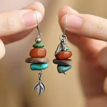 Винтажные бирюзовые асимметричные серьги с крючками из пчелиного воска для женщин из листьев бамбука, агаровое дерево Premium Sense