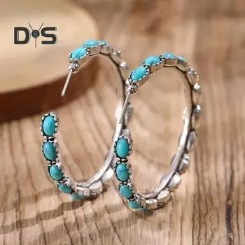 Винтажные бирюзовые серьги-кольца в стиле бохо, круглые массивные серьги, элегантные ювелирные изделия с покрытием для женщин синий