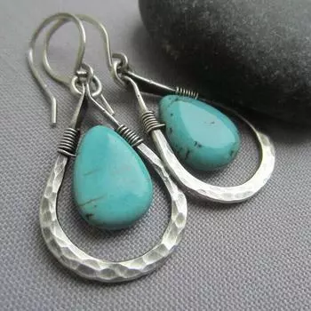 Винтажные бирюзовые серьги серебряного цвета с каплями воды для женщин, висячие украшения в этническом стиле