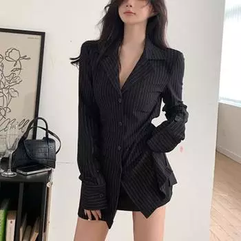 Винтажные блузки, черные полосатые рубашки-туники, топ с длинным рукавом, женский корейский модный офисный женский стиль «старые деньги», эстетичный элегантный S чёрный