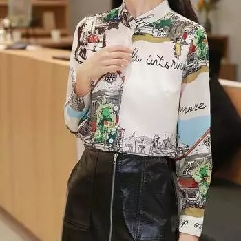 Винтажные блузки с интеллектуальным принтом, свободные темпераментные корейские модные топы с отложным воротником, женская одежда, тонкая весна-лето M бежевый
