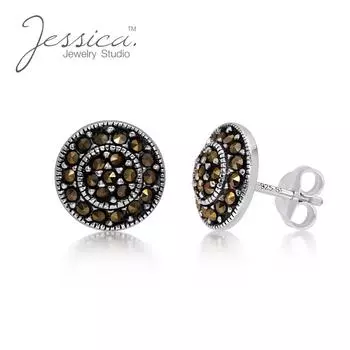 Винтажные богемные круглые серьги-гвоздики с натуральным марказитом из стерлингового серебра 925 пробы