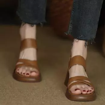 Винтажные босоножки с перекрещенными носами на толстом каблуке женские 2025 новые однотонные туфли на среднем каблуке с платформой на мягкой подошве женские 34 коричневый