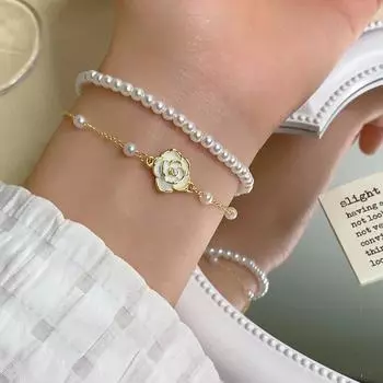 Винтажные браслеты с белыми цветами камелии для женщин, элегантные двухслойные бусины из искусственного жемчуга, браслет-цепочка, ювелирный тренд 16.5cm белый