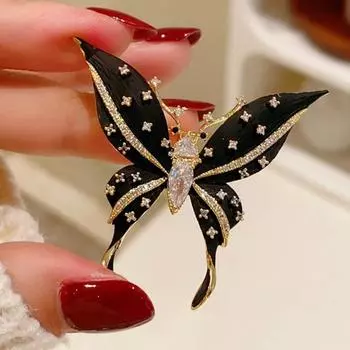 Винтажные броши в виде черной бабочки со стразами, насекомые, металлические эмалевые булавки для женской одежды, аксессуары чёрный