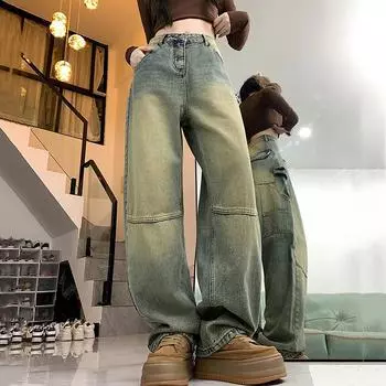 Винтажные брюки-карго с большим карманом, женские осенне-зимние свободные прямые брюки с высокой талией, модные джинсовые брюки, женские широкие джинсы S синий
