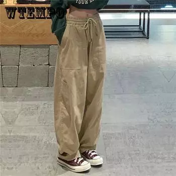 Винтажные брюки-карго, женские широкие брюки цвета хаки, унисекс, мешковатые спортивные штаны в стиле Харадзюку, брюки в стиле хип-хоп, уличная одежда на шнуровке, Pantalon S хаки