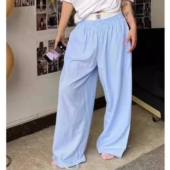 Винтажные брюки в розовую полоску Deeptown, мешковатые повседневные брюки большого размера в Корейском стиле, женские брюки с широкими штанинами в стиле Харадзюку, лето XXL синий