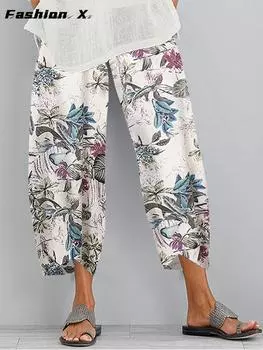 Винтажные брюки женские летние женские брюки с эластичной резинкой на талии и цветочным принтом, широкие брюки S жёлтый