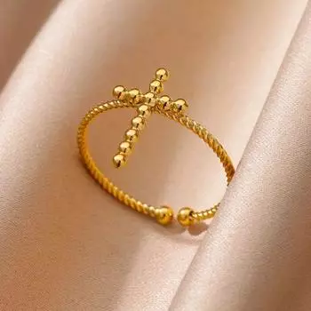 Винтажные бусины крест-кольца для женщин из нержавеющей стали золотого цвета открытое регулируемое кольцо на палец женская мода ювелирный подарок на день рождения
